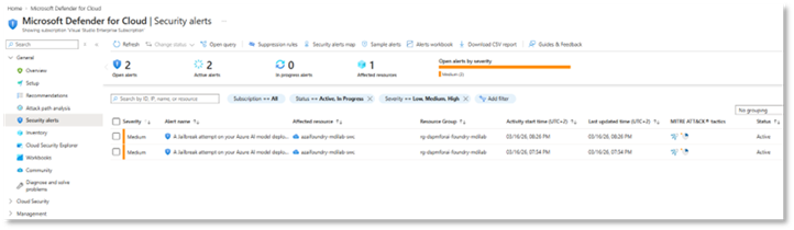 Seguridad en soluciones de IA en Microsoft Foundry: Alertas de IA en Defender for cloud