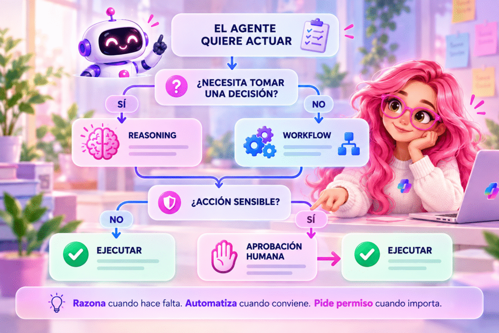 Diagrama que muestra cómo combinar razonamiento, workflows y aprobación humana en un agente de Copilot Studio