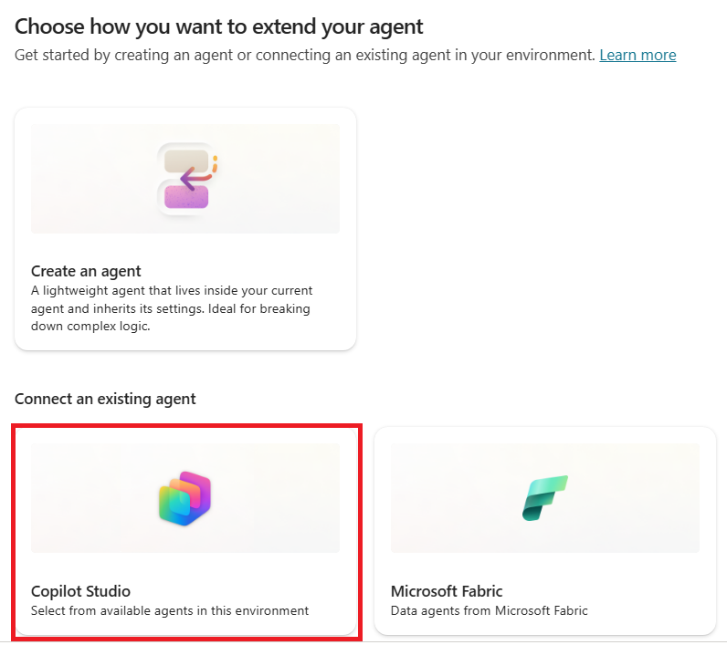 Selector de Microsoft Copilot Studio para conectar otro agente especializado
