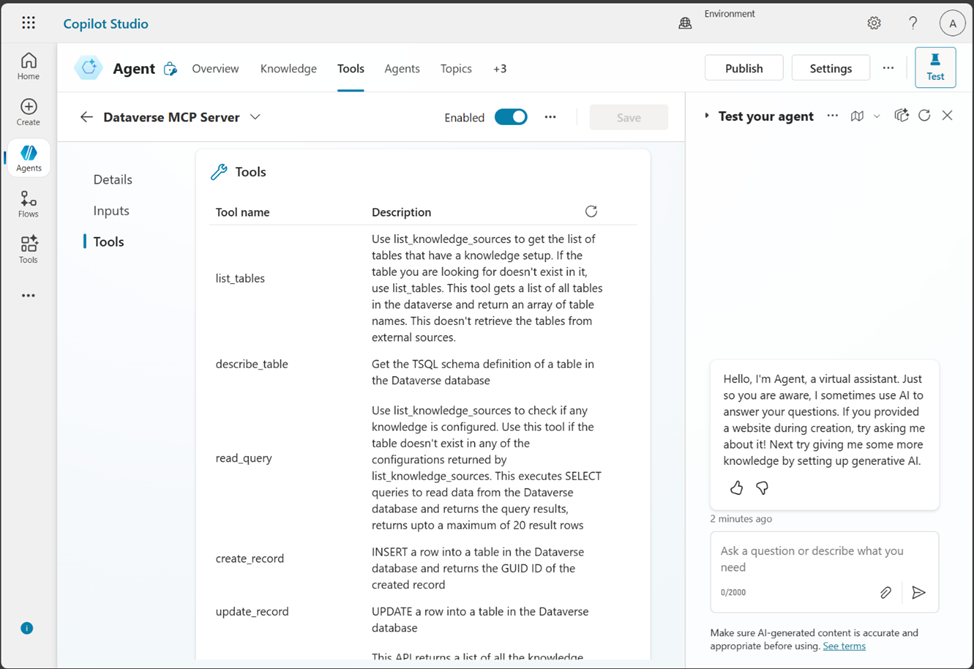 Servidor MCP de Dataverse en Microsoft Copilot Studio mostrando las herramientas disponibles para el agente