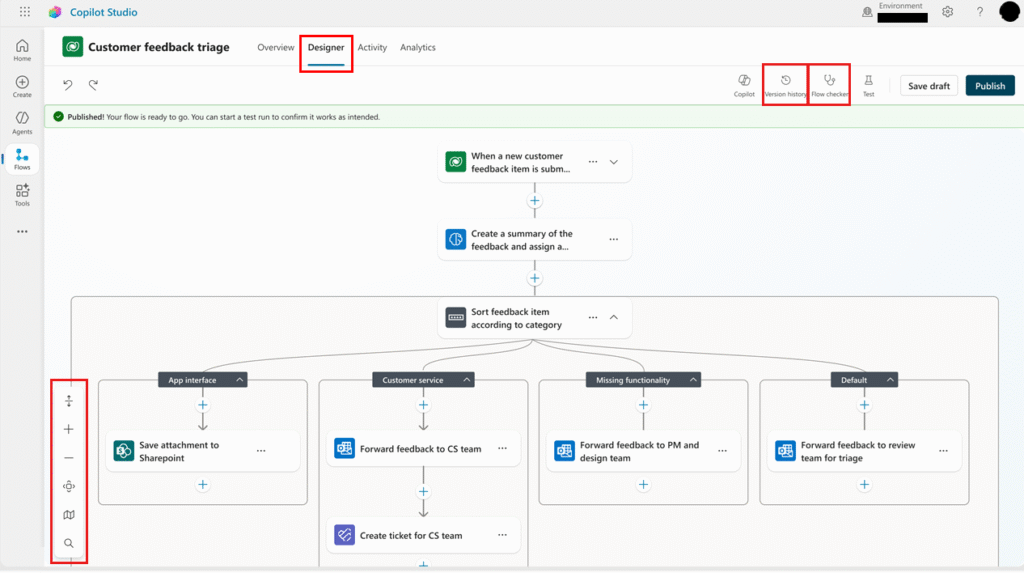 Agent Flow en el diseñador visual de Microsoft Copilot Studio. Esta experiencia pertenece al Standard harness. Fuente: Microsoft Learn.